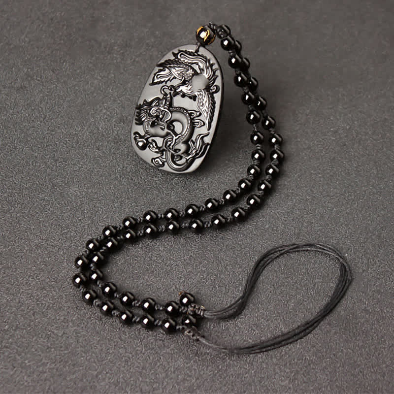 Schwarzer Obsidian Tigerauge Drache Phönix Schutz Perlen Halskette Anhänger - Obsidian Einziehbare Perlenkette - image 9