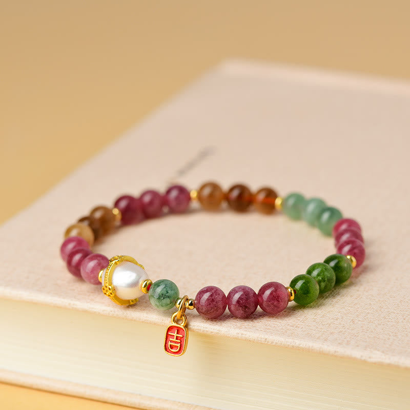 Buddha-Steine, natürliche, mehrfarbige Turmalin-Perle, glückverheißender Charakter, Charme, Weisheitsarmband