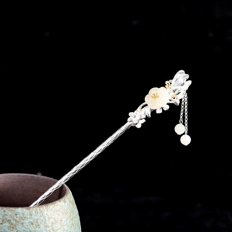 925 Sterling Silber Hetian Weiß Jade Blumen Segen Haarnadel - Hetian-Weißjade & 925er Sterlingsilber - image 0
