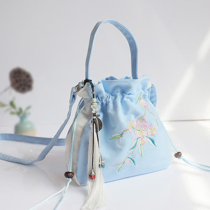 Buddha Stones Handgefertigte bestickte Blumen Canvas Tote Schultertasche Handtasche - Blau-weiße Pfirsichblüte 20 x 20 cm - image 31