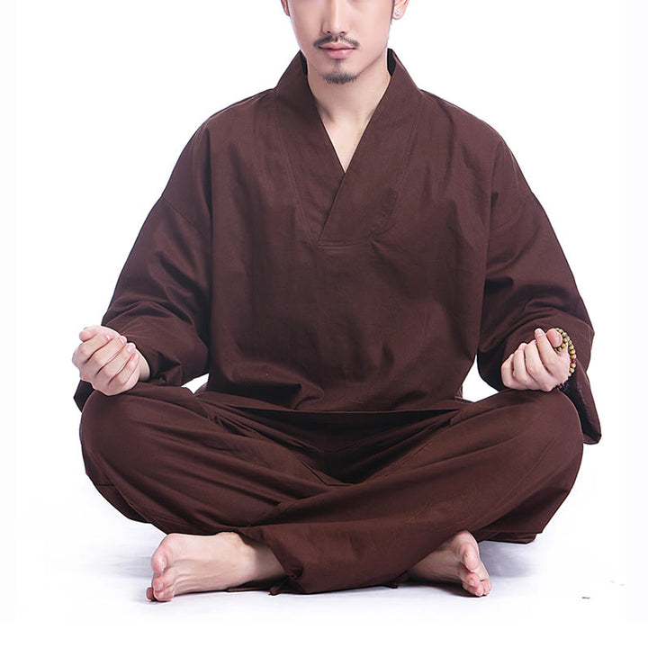 Buddha Stones, Meditation, Gebet, V-Ausschnitt, Design, Baumwollleinen, spirituelle Zen-Praxis, Yoga-Kleidung, Herren-Set - Braun - US/ UK/AU44，EU54 (3XL) - image 0