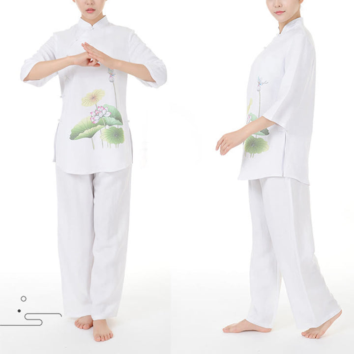 Buddha Stones 2-teiliges Set mit Weiß Lotusblütenblättern, Halbarm-Shirt, Oberteil und Hose, Meditation, Zen, Tai Chi, Leinenkleidung für Damen