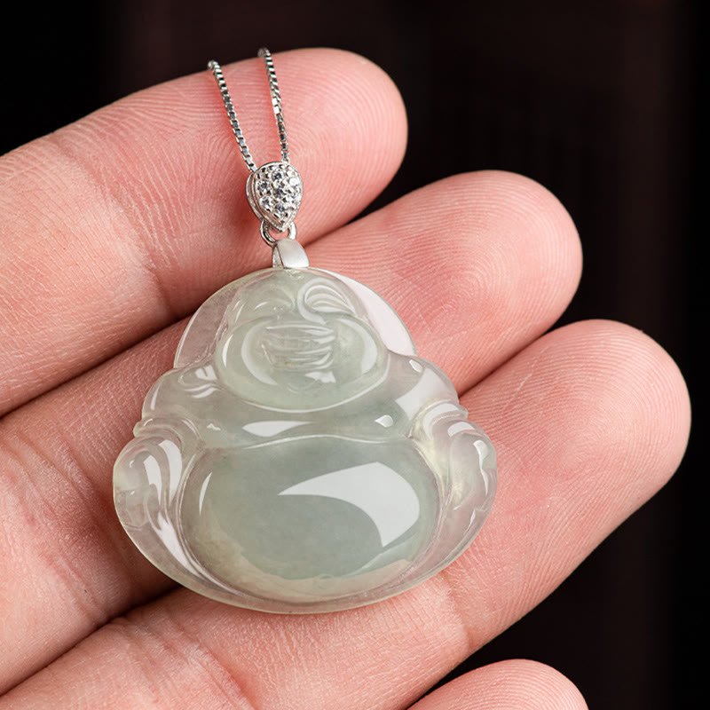 Buddha Stones aus natürlichem Jade, lachender Buddha, Symbol für Wohlstand und Fülle, an einer Kette aus Titanstahl - image 7