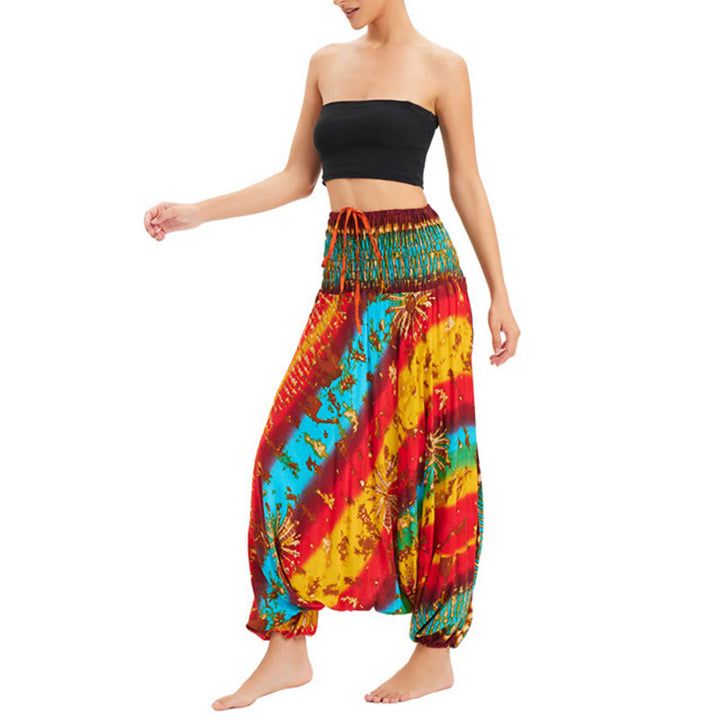 Buddha Stones Zwei Stile Tragen Farbverlauf Bunte Lockere Smocked Haremshose Overall Hohe Taille Hose