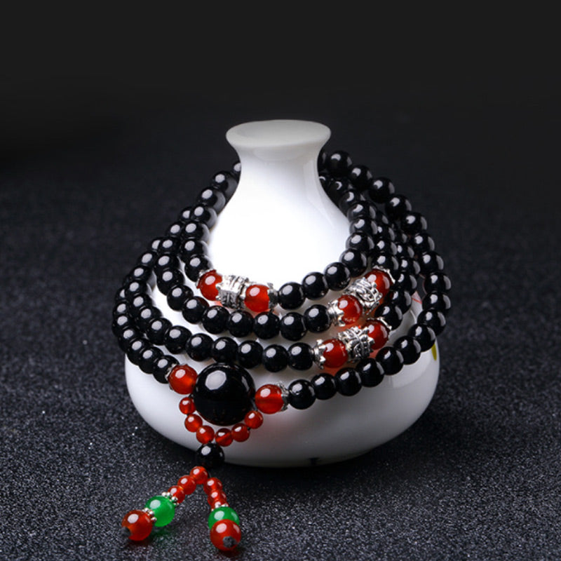 Buddha Stones 108 Perlen natürliches schwarzes Obsidian-Tigerauge-Mala-Armband