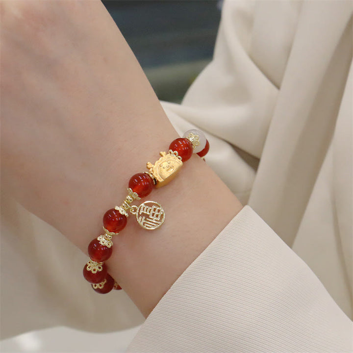 Buddha Stones, Jahr des Drachen, roter Achat, Erdbeerquarz, schwarzer Obsidian, Jade, Granat, Perle, Zinnober, Knödel, Drache, Glück, Fu, Charakter-Armband - image 3