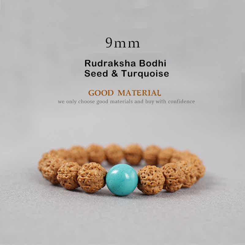 Buddha Stones Tibet Rudraksha Bodhi Seed Dzi Bead Bernstein Türkis Reichtum Armband - 9 mm - Rudraksha Bodhi-Samen & Türkis - image 7