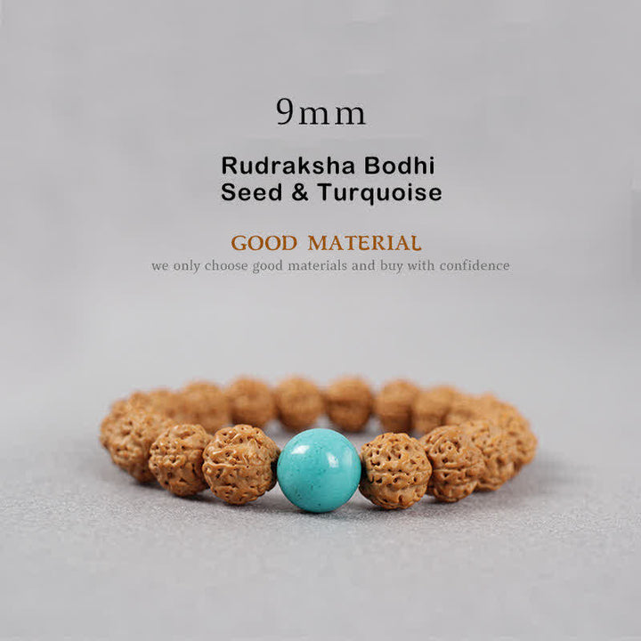 Buddha Stones Tibet Rudraksha Bodhi Seed Dzi Bead Bernstein Türkis Reichtum Armband - 9 mm - Rudraksha Bodhi-Samen & Türkis - image 7