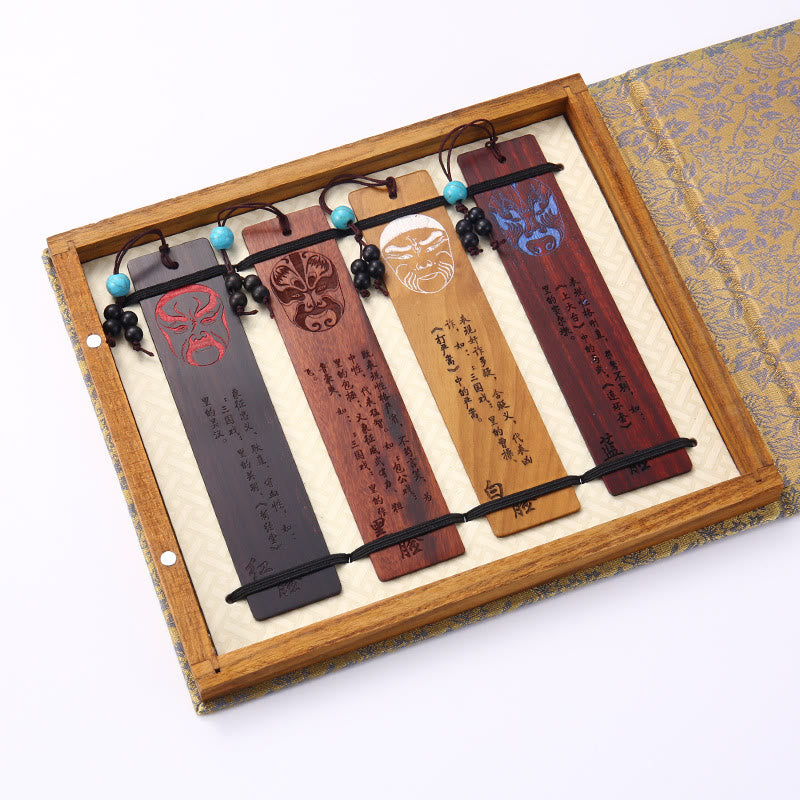 Buddha Stones 4 Stück Vier Jahreszeiten Pflaumenorchidee Bambus Chrysantheme Pekingoper Maske Holz Lesezeichen mit Geschenkbox - 4-teiliges Set Peking-Opernmasken - image 18