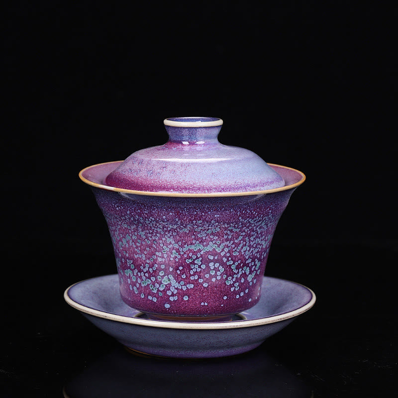 Buddha Stones Retro Glasur Ofenwechsel Keramik Gaiwan Sancai Teetasse Kung Fu Teetasse und Untertasse mit Deckel - Lila Stil (Farbe und Glasur können variieren) - 9,8 cm × 9 cm × 150 ml - image 2