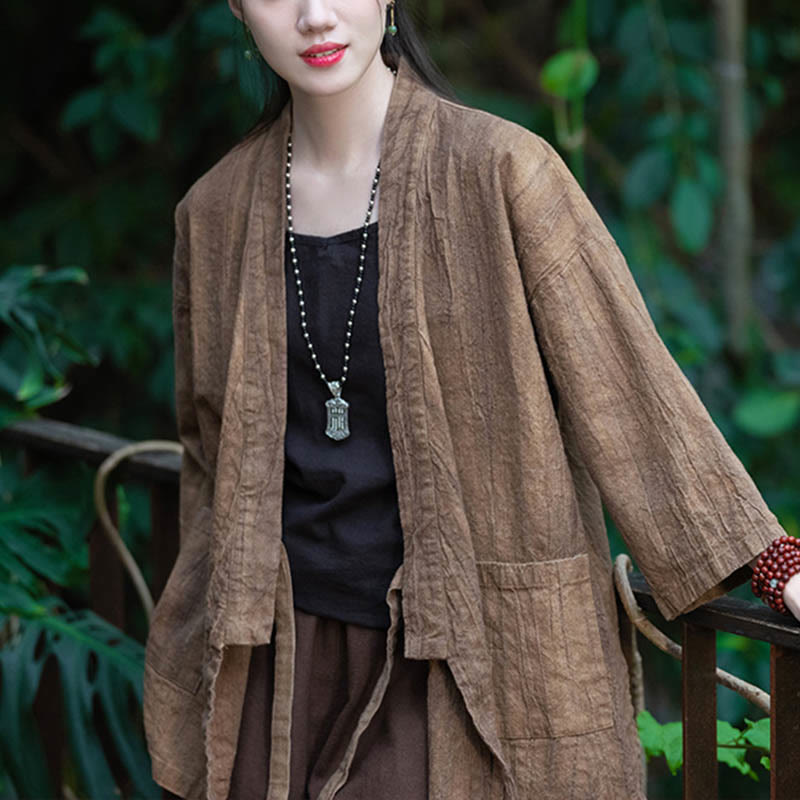 Buddha Stones Hanfu Design Dreiviertelärmel Ramie Leinen Mantel vorne offen Oberteil Jacke