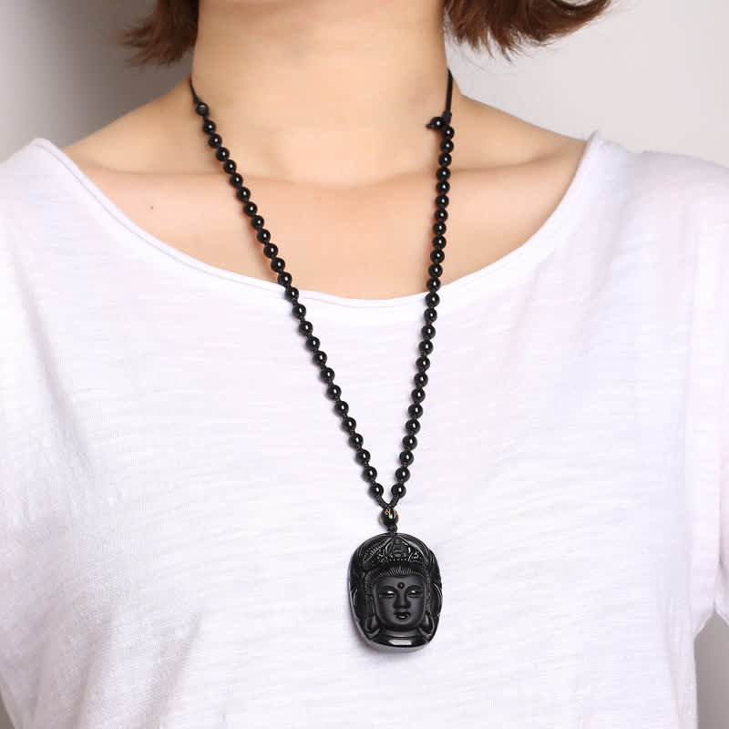 Buddha Stones Natürlicher schwarzer Obsidian Kwan Yin Avalokitesvara Kraftschnur-Halskettenanhänger - image 3
