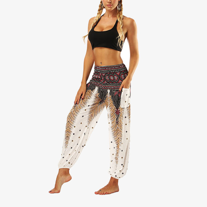 Buddha Stones Hippie-Hose, Baggy-Boho-Lounge-Hose mit hoher Taille und Taschen, Damen-Yogahose