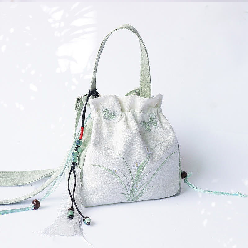 Buddha Stones Handgefertigte bestickte Blumen Canvas Tote Schultertasche Handtasche - Grün-Weißes Gras 20 x 20 cm - image 0