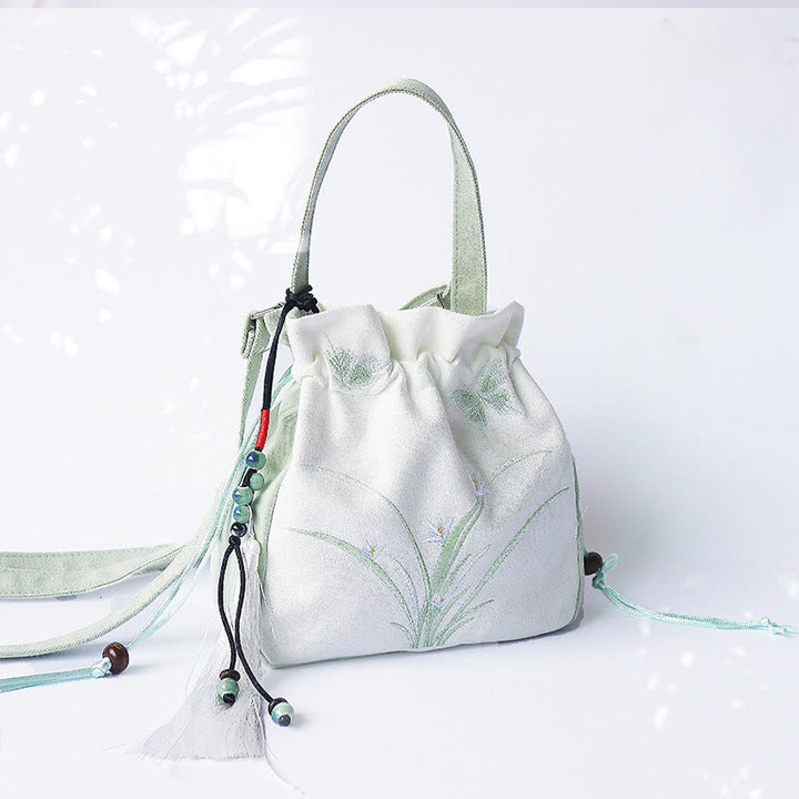 Buddha Stones Handgefertigte bestickte Blumen Canvas Tote Schultertasche Handtasche - Grün-Weißes Gras 20 x 20 cm - image 0