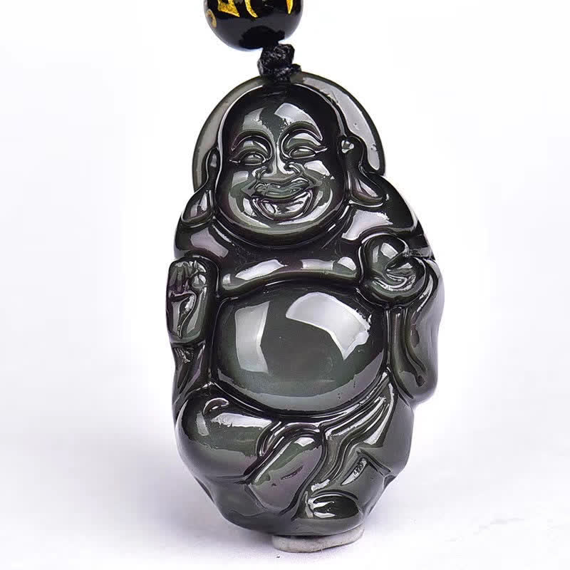 Halskettenanhänger mit natürlichem Regenbogen-Obsidian, lachender Buddha, innerer Frieden - image 14