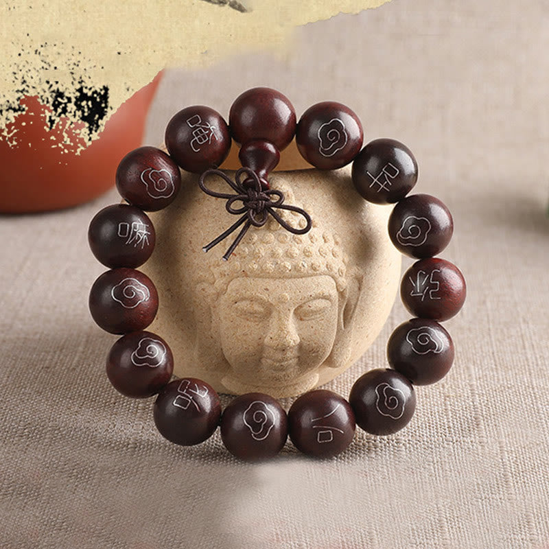Buddha Stones, 925er-Sterlingsilber, eingelegtes kleines Blatt, rotes Sandelholz, Om Mani Padme Hum-Charakter, glückverheißende Wolken, Schutzarmband