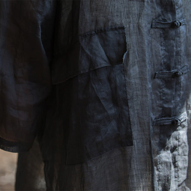 Buddha Stones Schwarze Zen-Meditationsjacke mit Froschknöpfen und langen Ärmeln und Taschen