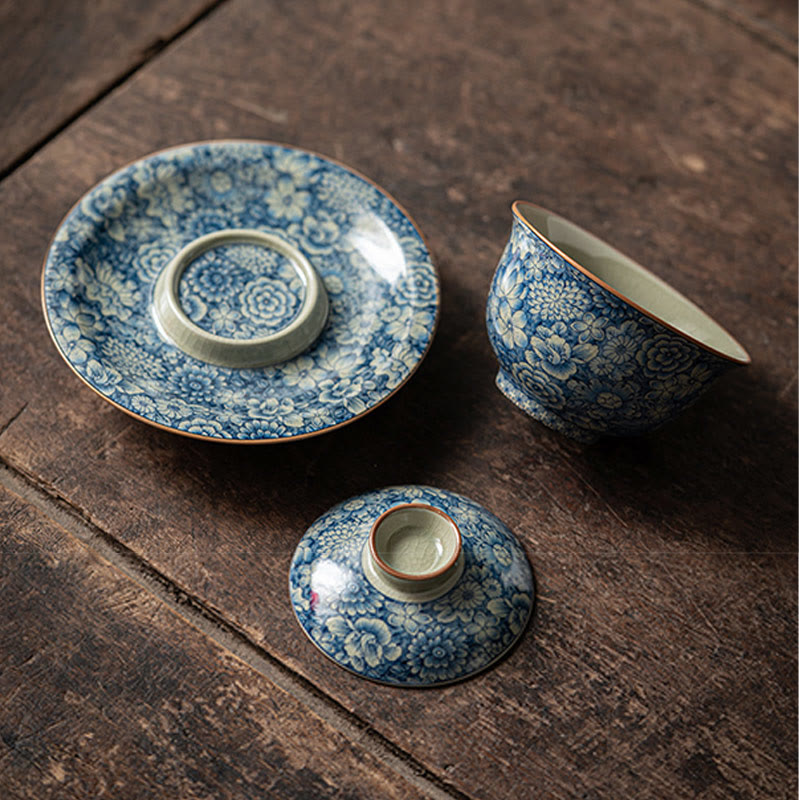 Buddha Stones Vintage Blaues und Weiß Porzellan Pfirsichblüte Lotus Pfingstrose Keramik Gaiwan Sancai Teetasse Kung Fu Teetasse und Untertasse mit Deckel - image 3