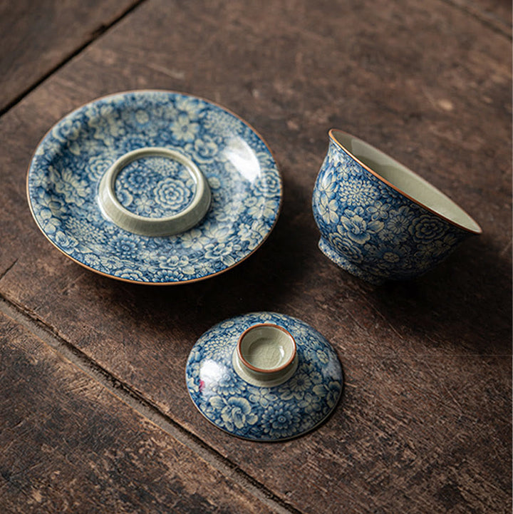 Buddha Stones Vintage Blaues und Weiß Porzellan Pfirsichblüte Lotus Pfingstrose Keramik Gaiwan Sancai Teetasse Kung Fu Teetasse und Untertasse mit Deckel - image 3