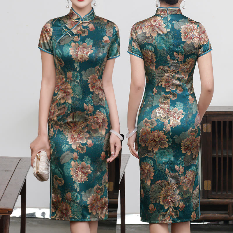 Buddha Stones Retro Blume Lotus Pfingstrose Feder Druck Qipao Kleid Damen Cheongsam Kleid