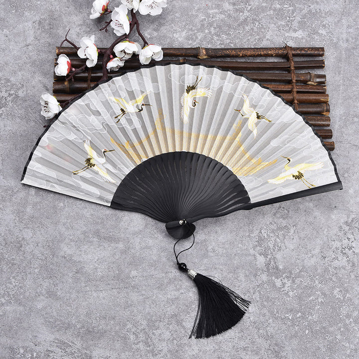 Handgefertigter Faltfächer aus Bambus im Vintage-Stil mit Wolken-Kranich-Muster von Buddha Stones - Beige Schwarz Bambus - image 8