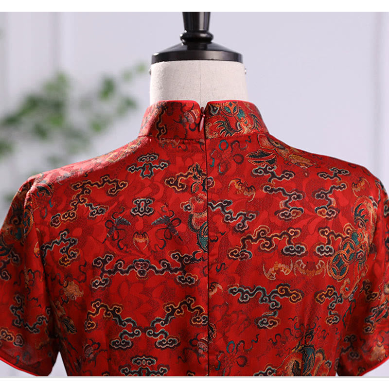 Buddha Stones Vintage Auspicious Clouds Leaf Print Cheongsam Kleid Damen Qipao Kleid