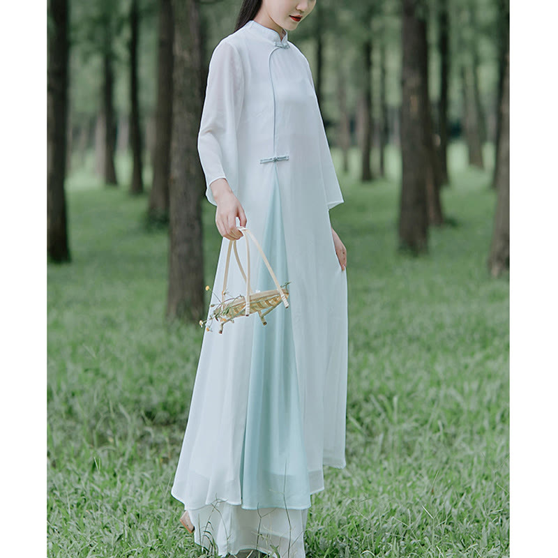 Buddha Stones Dreiviertelärmel Chiffon Cheongsam Midikleid Weite Hose Meditation Zen Praxis Kleidung