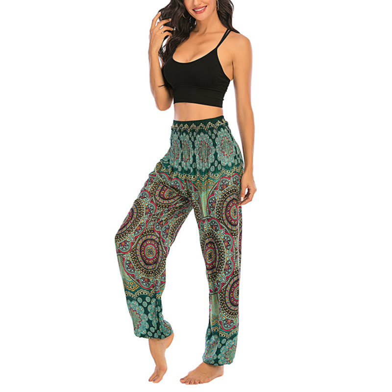 Buddha Stones Boho Lockere Haremshose mit rundem geometrischem Muster für Damen, Yogahose