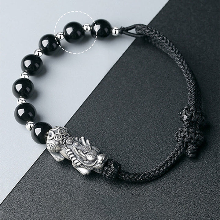 Buddha Stones 999 Sterling Silber FengShui PiXiu Natürlicher schwarzer Obsidian 925 Sterling Silber Bead Strength Armband