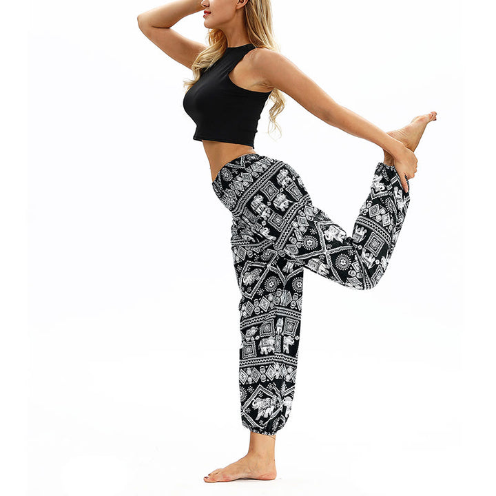 Buddha Stones Boho Lockere Haremshose mit geometrischem Elefantenmuster für Damen, Yogahose