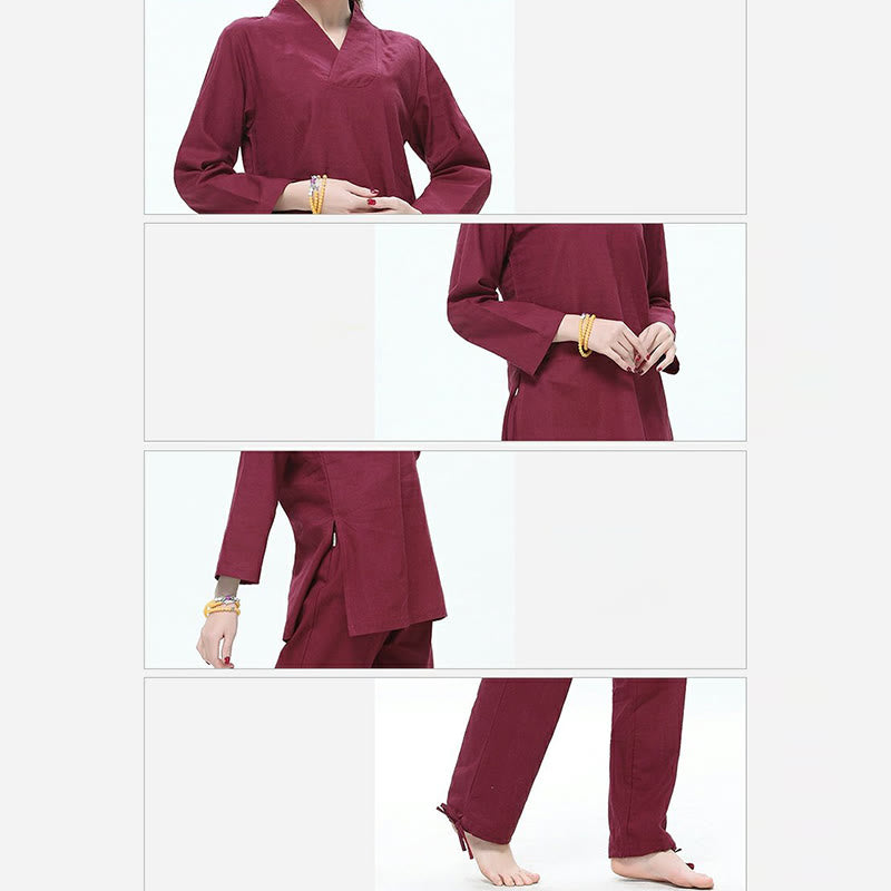 Buddha Stones Zen Praxis Yoga Meditation Gebet V-Ausschnitt Design Uniform Baumwolle Leinen Kleidung Damen Set - image 4