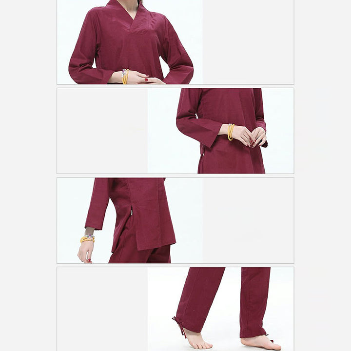 Buddha Stones Zen Praxis Yoga Meditation Gebet V-Ausschnitt Design Uniform Baumwolle Leinen Kleidung Damen Set - image 4