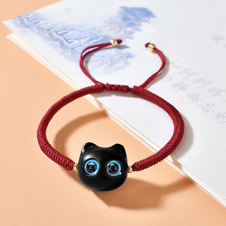 Buddha Stones Ebenholz-Katzenkopf-Muster, geflochtenes Armband mit Friedens-King-Kong-Knoten - Dunkelrotes Seil (Handgelenkumfang 14–18 cm) - image 1