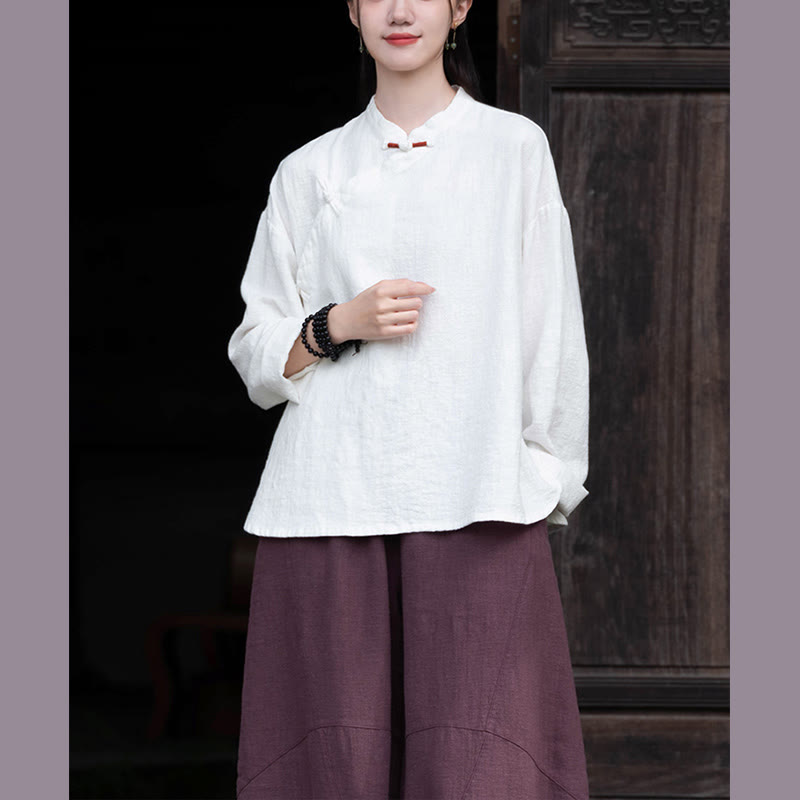 Buddha Stones Chinesische Hanfu Frosch-Knopf-Bluse Damen Langarmshirt Top