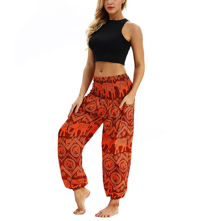 Buddha Stones Boho Lockere Haremshose mit geometrischem Elefantenmuster für Damen, Yogahose