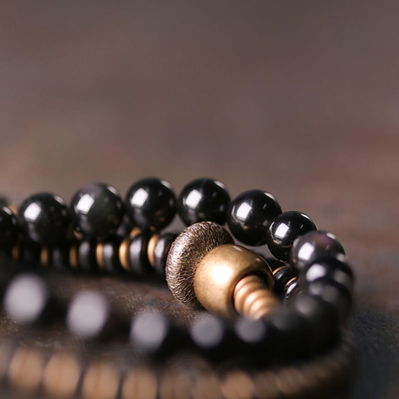 Buddha Stones, Regenbogen-Obsidian, Ebenholz, Kupfer, Heilung, dreifach gewickeltes Armband