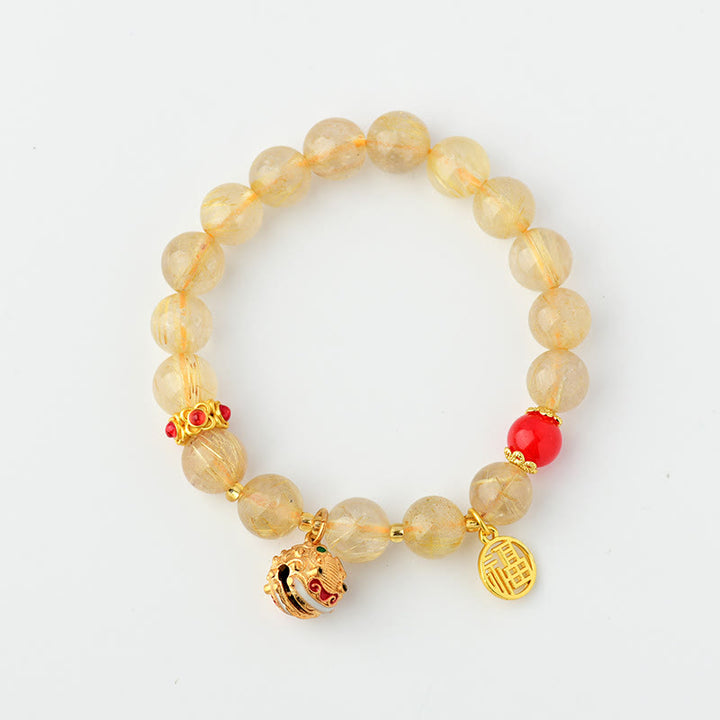 Buddha-Steine, natürlicher goldener Rutilquarz, Fu-Charme, Glocke, Reichtum-Armband