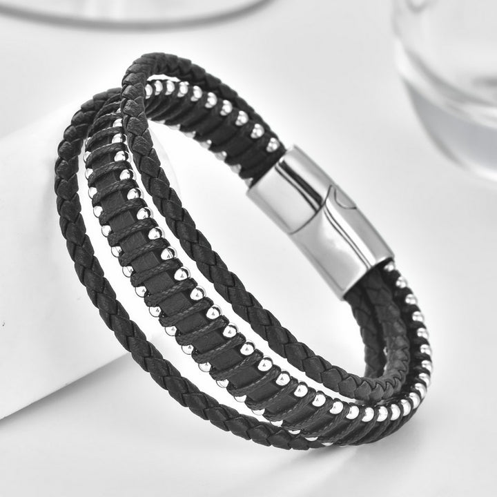 Buddha Stones Schwarzes Lederarmband mit geflochtenem Design und doppelter Lage - image 2