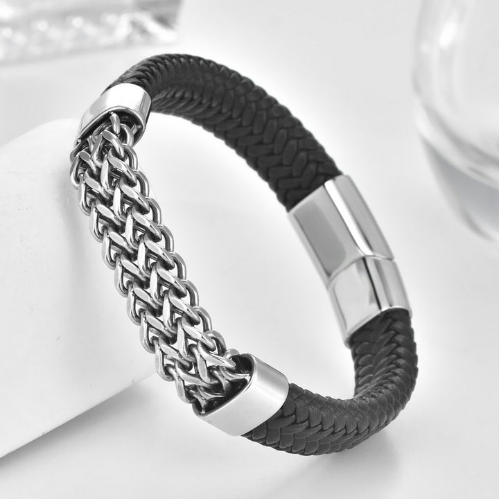 Buddha Stones Schwarzes Lederarmband mit geflochtenem Muster und robuster Kettenschnalle - image 1