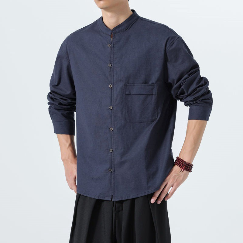 Buddha Stones Minimalistisches Herren-Langarmhemd im Tang-Stil mit Stehkragen, aufgesetzter Tasche und Tasche - image 16