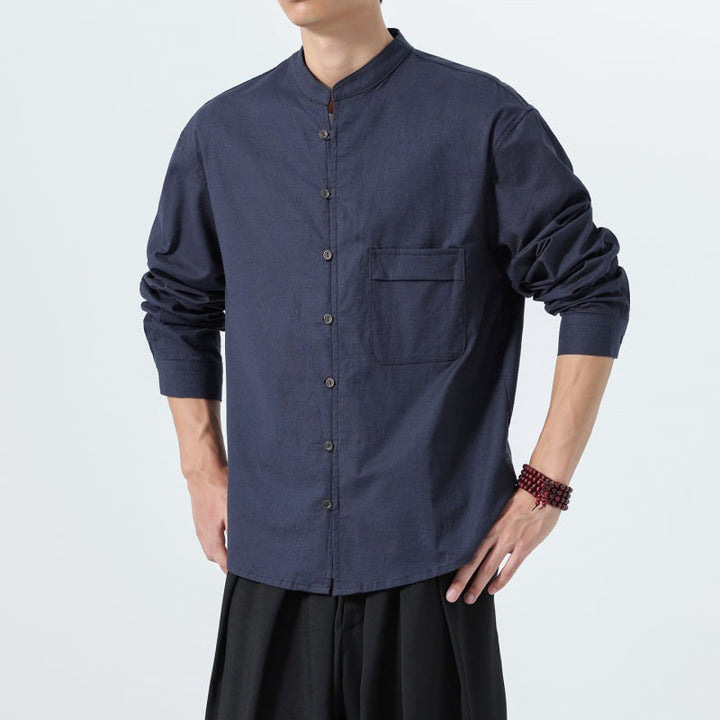 Buddha Stones Minimalistisches Herren-Langarmhemd im Tang-Stil mit Stehkragen, aufgesetzter Tasche und Tasche - image 16