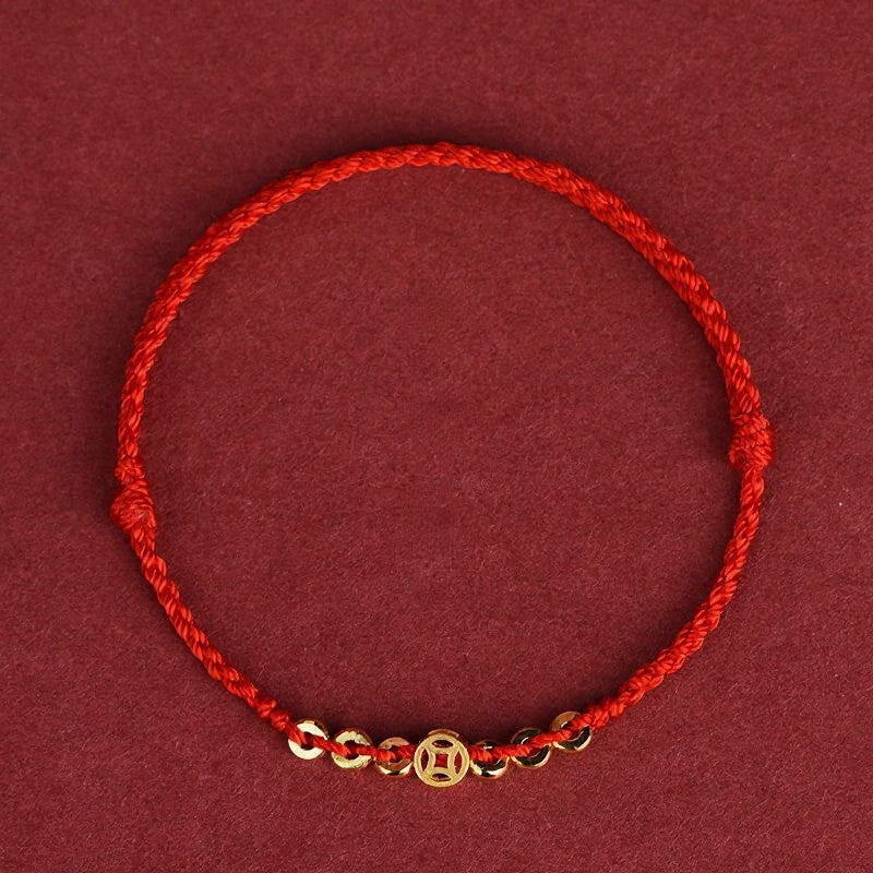 Buddha Stones Geflochtenes rotes Armband mit runder chinesischer Münze als Glücksbringer - image 1