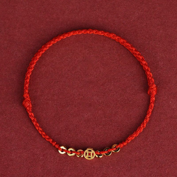 Buddha Stones Geflochtenes rotes Armband mit runder chinesischer Münze als Glücksbringer - image 1