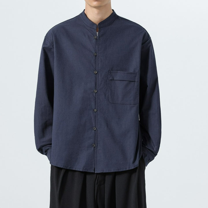 Buddha Stones Minimalistisches Herren-Langarmhemd im Tang-Stil mit Stehkragen, aufgesetzter Tasche und Tasche - image 14