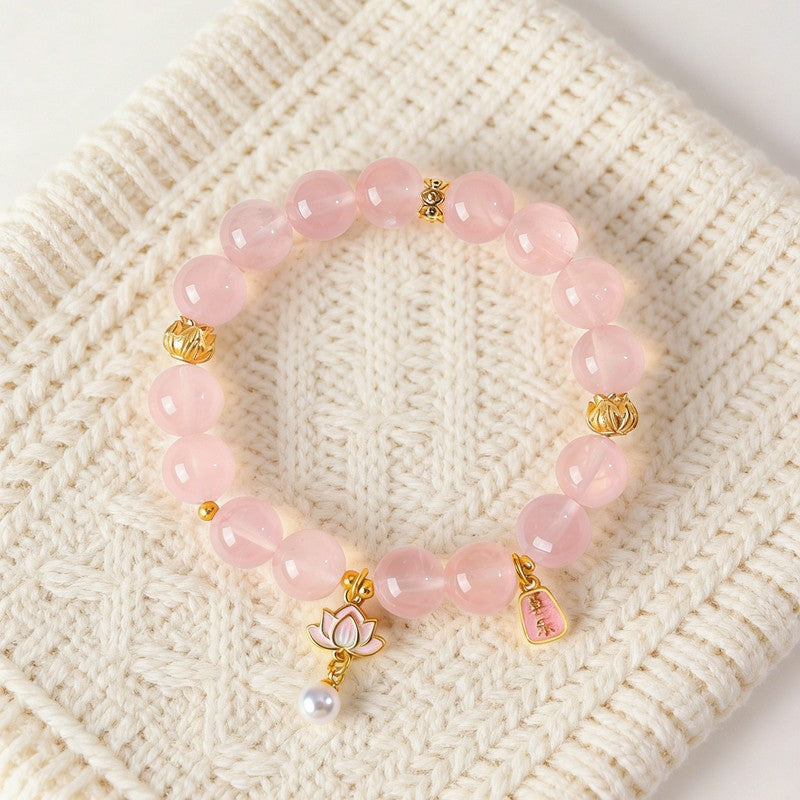 Buddha Stones Armband mit Lotus-Anhänger aus natürlichem Rosenquarz und klarem Quarz - image 1