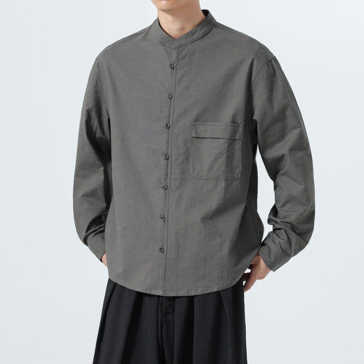 Buddha Stones Minimalistisches Herren-Langarmhemd im Tang-Stil mit Stehkragen, aufgesetzter Tasche und Tasche - image 3