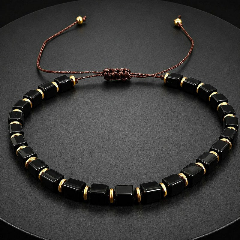 Buddha Stones Schwarzes Obsidian-Schutzarmband mit quadratischen Perlen, geflochten und verstellbar - image 1