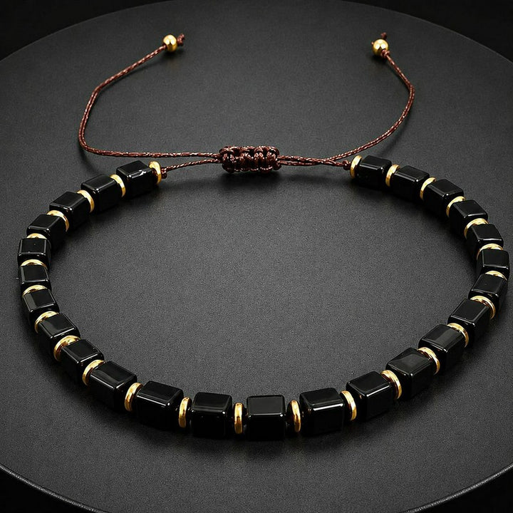 Buddha Stones Schwarzes Obsidian-Schutzarmband mit quadratischen Perlen, geflochten und verstellbar - image 1