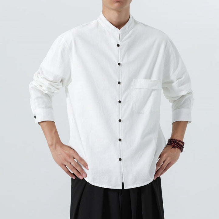 Buddha Stones Minimalistisches Herren-Langarmhemd im Tang-Stil mit Stehkragen, aufgesetzter Tasche und Tasche - image 19